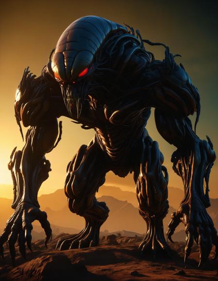 hyper realistic and highly detailed full body view of an gigantic biomorphic abomination living on a planet of darkness, futuristic horror sci-fi style, technological advanced, alien world,  chiaroscuro, dynamic, deep shadows, shadow play, dimmed light source , looking at viewer, high contrast, extremely dark limited palette, (intricate details, masterpiece, best quality:1.4),