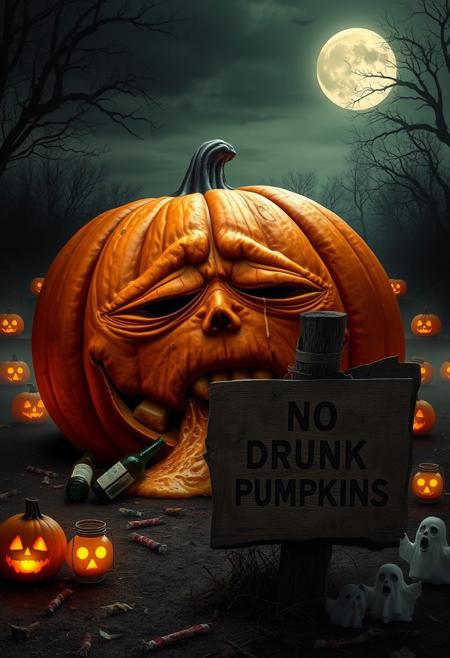 “Enormous orange pumpkin with a tired, worn-out expression, sitting on the ground as it vomits its own pumpkin guts. Empty beer bottles scattered around, as if it just had a long night of drinking. Surrounding the pumpkin are spooky Halloween elements: glowing jack-o’-lanterns, eerie fog creeping along the ground, flickering candles inside skull-shaped lanterns, and a few scattered candy wrappers. A full moon casts a dim light over the scene, with creepy shadows from nearby trees and faint ghostly figures in the distance. In front of the pumpkin, a decayed, broken wooden sign stands with deep engravings that read ‘NO DRUNK PUMPKINS,’ adding a darkly humorous touch to the eerie atmosphere.”