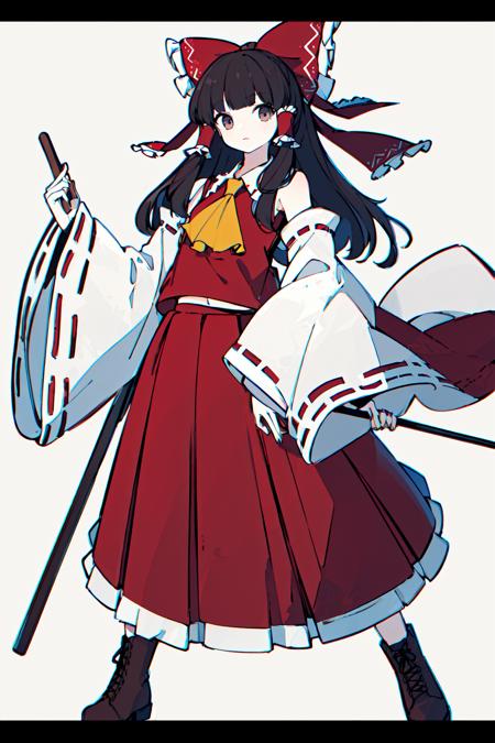 masterpiece, intricate detail,best quality, chromatic aberration, <lora:HaranoKaguyama:0.8>1girl, solo, hakurei reimu, gohei, bow, red skirt, red bow, hair bow, ascot, skirt, full body, detached sleeves, white background, hair tubes, wide sleeves, yellow ascot, holding, bangs, red shirt, simple background, ribbon-trimmed sleeves, ribbon trim, sidelocks, shirt, adapted costume, letterboxed, nontraditional miko, frills, standing, red vest, black hair, closed mouth, skirt set, brown hair, frilled bow, blunt bangs, vest, long hair, medium hair, looking at viewer, brown footwear, sleeveless