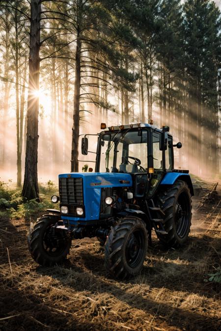 photo RAW,(mtz82, a black tractor parking on A forest scene with a dusty sunbeam shining through a dense canopy <lora:mtz82:0.65>,Realistic, realism, hd, 35mm photograph, 8k), masterpiece, award winning photography, natural light, perfect composition, high detail, hyper realistic, dusty atmospheric haze, high quality textures of materials, volumetric textures, coating textures, metal textures