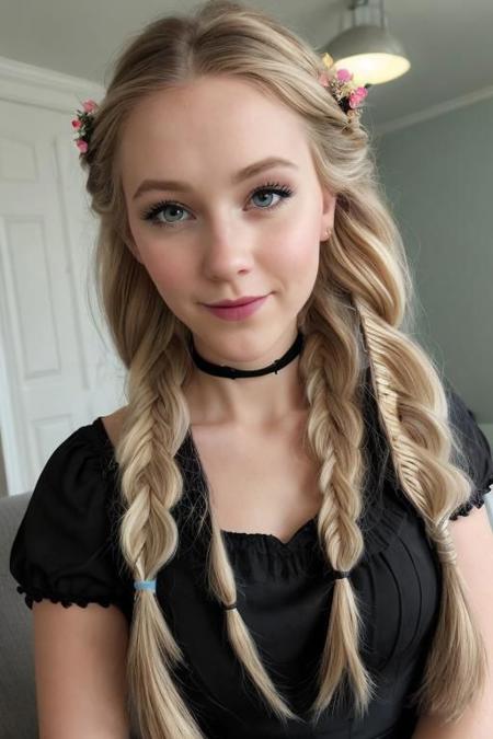 (the rule of thirds), disney frozen animation movie,masterpiece, highres, 4k, 1girl, blush, solo, photo, photography, anna frozen, very close,indoor princess room,simple background photo, (((wears black dress)), ((ultra sharp, tack sharp)), <lora:elsa_of_arendelle_v1:0.8>,elsa_of_arendelle,single_braid, elsa \(frozen\), eyelashes, eyeshadow, hair tie, lips, looking at viewer, makeup, nose, dark lips, single braid, flower in hair, closed mouth smile,living room