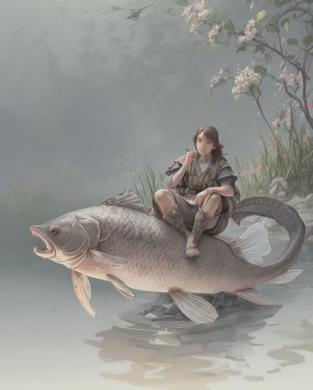 illustration of a intricate background, Textile Carp, Adventurer, Sitting with crossed legs, Hazy conditions, Bloom light