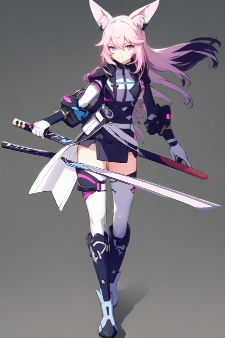 <lora:MMO_Concept-10:1> 1girl, weapon, solo, sword, animal ears, pink hair, long hair, purple eyes, fox ears, holding, holding weapon, holding sword, thighhighs, katana, looking at viewer, bangs, boots, closed mouth, hair between eyes, full body, white background, gloves, simple background, white thighhighs, shadow, smile, glowing weapon, blue footwear