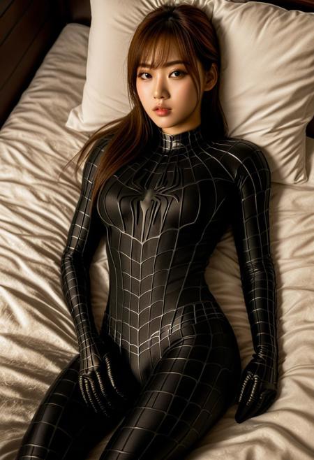 score_9, score_8_up, score_7_up, best quality, realistic, masterpiece, beautiful detail, hyperrealistic, on a bed, ((1girl, woman body, big breasts)), amazing detailed full body portrait of a beautiful ulzzang girl, wearing a realistic and highly detailed black raimi spider-man suit, ((huge muscular girl)), (lying on a bed), suit covered entire body and hand, black spiderman gloves, (full body), (dirty skin), close up, octane render, highly detailed, volumetric, dramatic lighting, (highest quality:1.1), (HDR:1.3), (top quality, best quality), realistic, high definition,