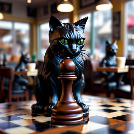 photorealist chess piece resembling a black cat on a chess table in a coffe shop, background blurred
