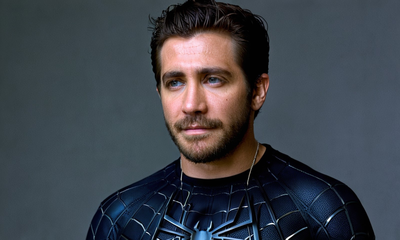 Gyllenhaal, <lora:gyllenhaal-128:0.9>, black hair, beard, spidermen, medium full shot