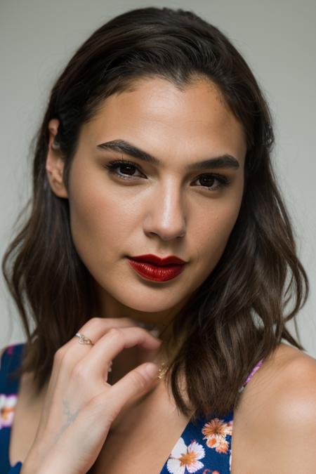 Realistic photo of a beautiful g4lg4d0t-v2 woman,  1girl, solo, long hair, looking at viewer, brown hair, brown eyes, jewelry, upper body, flower, arm up, bracelet, lips, makeup, floral print, ring, lipstick, realistic, soft lighting, professional Photography, Photorealistic, detailed, RAW, analog, sharp focus, 8k, HD, DSLR, high quality, Fujifilm XT3, film grain, award winning, masterpiece<lora:g4lg4d0t-v2:1.0>
