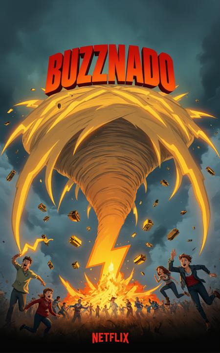 cartoon illustration, ((movie poster)) title of the movie at the top is "Buzznado", Netflix logo is at the bottom. ((a huge tornado shaped like a jagged  thunderbolt)). ((golden thunderbolt shaped objects flying out from the tornado)). ((panicked people screaming and running for cover))