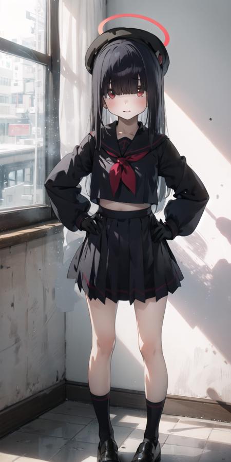 1girl,  solo, loi, petite, mob-chan,
BREAK red_eyes, very_long_hair, (blunt_bangs), ((eyes visible through hair)), medium_breasts, (blush), embarrassed, closed mouth,
BREAK black_socks, black_skirt, sailor_collar, black_footwear, (beret), black_hat, (red_halo:1.3), black_socks, loafers, hair_over_eyes,  skirt,  black_hair, gloves, long_sleeves,  holding, school_uniform, pleated_skirt, uwabaki, serafuku, black_gloves,
BREAK standing, (straight-on),(full_body:1.5), looking at viewer, hands on hips,
BREAK white_background, simple background, sunshine, (tyndall_effect),
((masterpiece)), (highres), (best_quality), (highly_detailed),  (original),(Delicate background),(extremely detailed 8K wallpaper),cinematic lighting, volume lighting, light particles, shaded_face, beautiful_detailed_eyes, depth_of_field, perspective,<lora:Mob-chan:1:lbw=char>,<lora:ç¥ç§lora K:0.8>,