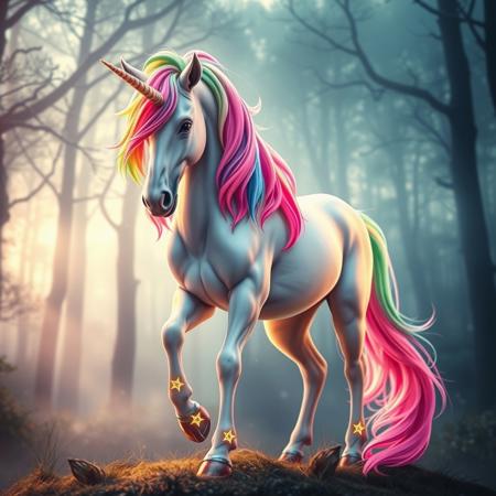((Top Quality, 4k, Masterpiece: 1.3)), (photorealistic:1.5), A unicorn that seems to have come out of the world of mythology. It has a rainbow mane and has a faintly glowing star pattern engraved on its legs. The background is a fantastic forest, with mist shining with morning dew. The unicorn has a dignified posture and has an expression that combines elegance and strength. Decorate the whole thing with bright pastel shades.