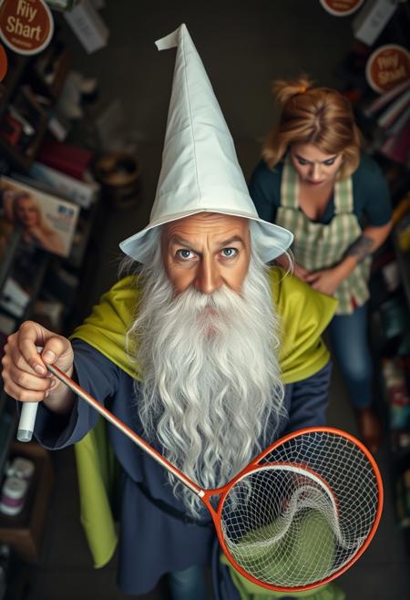 Short male wizard, big white beard, white paper cone hat, lime green cape, wielding butterfly net, angry tall female clerk stepping on cape, shop environment, realistic photography, top down angle