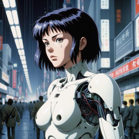 8k UHD ultra highly detailed, 1990s anime screenshot, Ghost in the Shell 1995, retro art style of Mamoru Oshii, cyborg, wires, futuristic, beautiful 1girl