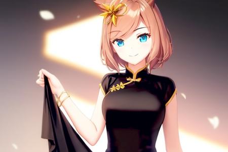 (1girl:1.2) (solo:1.1) (simple background) breasts, (eye focus:1.1) ,(dynamic posing:1.1) (facing viewer:1.1) (standing:1.1). (light smile:1.2) (black china dress:1.2) (slight smile:1.35), (facing viewer:1.1) (smile:1.4)  <lora:pleroma-10:0.8> (pleroma:1.3)