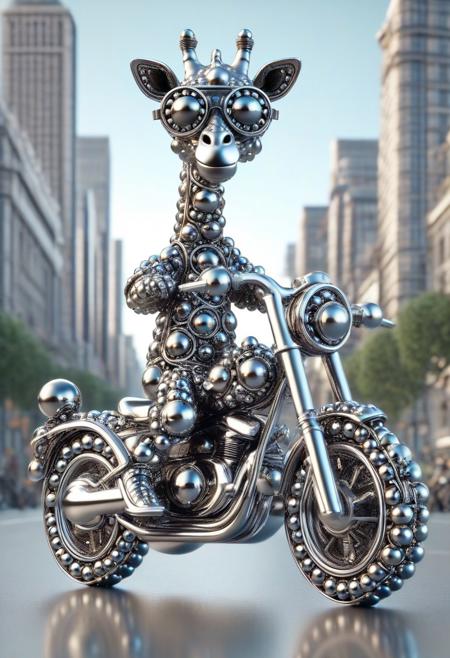 (made of Chrome Ball bearings:1.3), cute small motorcycle, giraffe riding on, wear round goggles, wear animal ears helmet, view from side, run through on city Chrome Ball bearings road, cinematic, cinematic lighting, (masterpiece, best quality:1.4), ultra-high res, 4k, Photorealistic, insanely detailed, sfw,
