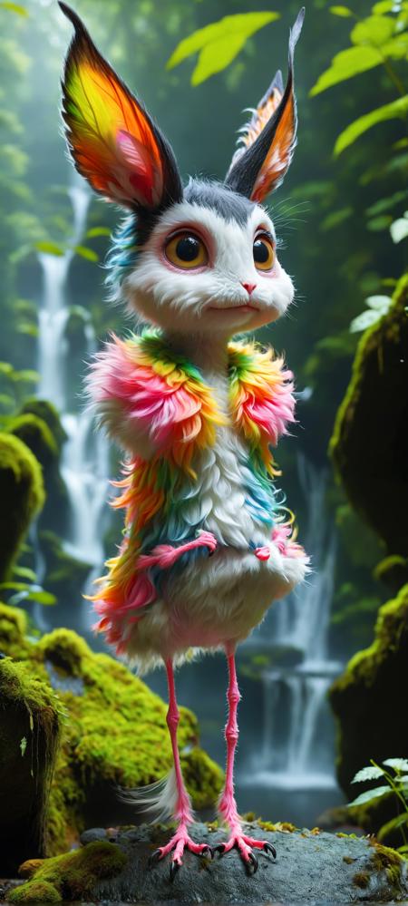famous artwork by (jae cheol park \(valentina kallias\):1.3) and (ben wootten:1.2), detailed expressive eyes, fantasy style, behold the magnificent and wondrous long-eared spitwobbler, shown here with its colorful aelgerbratz gracefully striding on his enormous legs through his habitat on planet monklurk ii, its every juxtafondling graceful move casting waves of wonder, in the background its natural environment consisting of lorbsladdering islands and sparkling bordyleggered waterfalls is shown,  <lora:ral-fluff:0.7> ral-fluff,  <lora:MJ52:0.6>