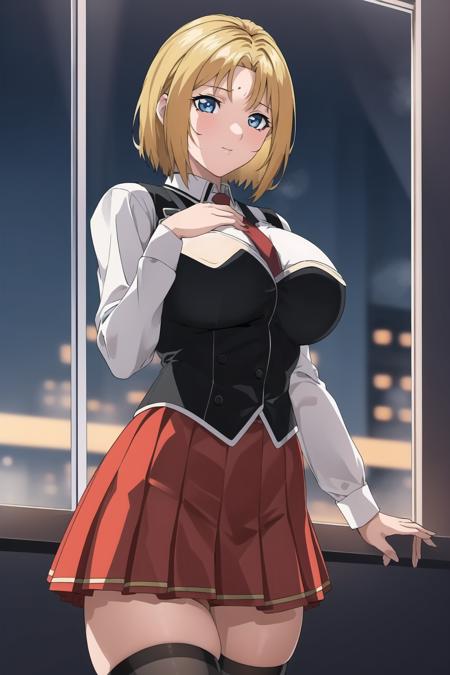 (Night:1.7), Japan, Tokyo, CityView, Before Window,
Standing at attention,
White_shirt,long sleeves,(Black_vest:1.3),Red pleated skirt, uniform,thighhighs,long sleeves,(belt:1.2),Red Tie,
< <lora:Reika_Kitami_Bible_Black-KK77-V1:0.7>,
blonde hair,Short_hair,parted Bangs,blue eyes,Forehead,
1 girl, 20yo,mature female,Beautiful Finger,Beautiful long legs,Beautiful body,Beautiful Nose,Beautiful character design, perfect eyes, perfect face,
looking at viewer,girl in the center of the image,
NSFW,official art,extremely detailed CG unity 8k wallpaper, perfect lighting,Colorful, Bright_Front_face_Lighting,
(masterpiece:1.0),(best_quality:1.0), ultra high res,4K,ultra-detailed,
photography, 8K, HDR, highres, absurdres:1.2, Kodak portra 400, film grain, blurry background, bokeh:1.2, lens flare, (vibrant_color:1.2)
(Beautiful,Large_Breasts:1.2), (beautiful_face:1.5),(narrow_waist),