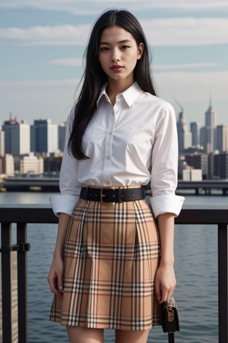 1 woman, 22yo, realistic, masterpiece, high detailed skin, looking at viewer, full body shot, scenic view, long hair, black hair
<lora:Burberry_Shirt_Skirt_By_Stable_Yogi:1> burberry plaid, skirt, belt, white shirt