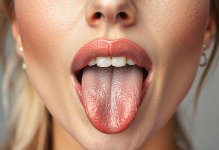 beautiful woman wearing makeup sticks her tongue out, close up on face