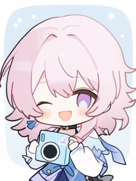 <lora:march_7th:1>,1girl, holding_camera, smile, camera, solo, one_eye_closed, pink_hair, holding, long_sleeves, bangs, looking_at_viewer, chibi, open_mouth, blue_skirt, skirt, white_shirt, shirt, hair_between_eyes, blue_jacket, medium_hair, :d, purple_eyes, jacket, choker, black_choker