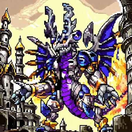 score_9, score_8_up, score_7_up, metalslugxl, pixelated, mspixel, (solo), dorugoramon,wings,tail,horns,outdoors,castle