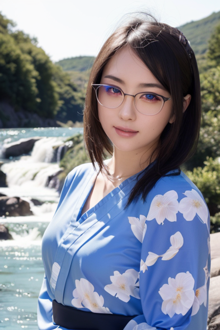 1girl,(wearing a gorgeous yukata with floral pattern:1.3),(in the countryside in Japan),(river and waterfall in the background:1.3),(forest scenery:1.2),greeneries and fresh nature,(RAW photo, best quality), (realistic, photo-realistic:1.4), masterpiece, an extremely delicate and beautiful, extremely detailed, 2k wallpaper, Amazing, finely detail, extremely detailed CG unity 8k wallpaper, ultra-detailed, highres, soft light, beautiful detailed girl, extremely detailed eyes and face, beautiful detailed nose, beautiful detailed eyes,cinematic lighting,perfect anatomy,slender body,(hair flowing by wind),bokeh,instagram beauty filter,dynamic angle,instagram beautify filter,flawless skin,(smiling),(wearing glasses:1.2)