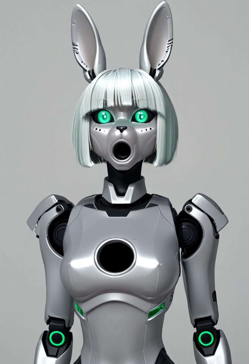 A 35mm photo of a beautiful robotic woman, she has a robotic  anthropomorphic robotic rabbit head, robot, rabbit nose, rabbit teeth, green rabbit eyes, freckles, grey rabbit fur, cat fur, grey rabbit ears, silver hair, silver mesh bodysuit, robotic joints
Robot girl, Mecha, Android, mechanical limbs, robot joints, metal skin, black sclera, no mouth, armor, glowing eyes, no face, gaping mouth hole, _COLOR_ lips, ribbed inner mouth