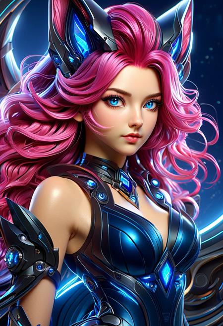 3DMM, high quality, best quality, unrealistically high details, extremely high quality, ultra high detail, good anatomy, masterpiece, high res, crisp lines, realistic, available light, 1girl, 40 years old, gorgeous girl, (((beautiful))), (beautiful face), sexy proportions, (((cyber implants))), cyber arm, cyber eye, ((small boobs)), perfect perky tits, pink hair, long wavy hair, long hair, wavy hair, dog ears, animal_ears, ((blue eyes)), dark blue eyes, sapphire eyes, smoky eyes, beautiful makeup, arrogant, aloof, warrior princess, petite, athletic, black choker, long dress, posing, stylish_pose, dynamic_angle, head_tilt, DonMX3n0XL, (((futuristic))), futurism, postapocalyptic, (((magical))), whimsical, fairytale, fantasy