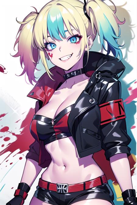 harley quinn, bangs, blue eyes, blonde hair, twintails, blue hair, multicolored hair, choker, gradient hair, makeup, piercing, pink hair, lips, lipstick, red lips, thighhighs, gloves, navel, cleavage, jewelry, jacket, open clothes, shorts, black gloves, midriff, black thighhighs, fingerless gloves, collar, bracelet, open jacket, black jacket, crop top, torn clothes, short shorts, tattoo, chain, spikes, cropped jacket, spiked bracelet, spiked collar, micro shorts, multicolored jacket,