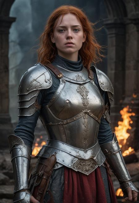 High resolution ultra-realistic of Beautiful Warrior Sadie Sink as Joan of Arc, 8k, capturing the intensity of the moment, cinematic lighting, standing on a bloody and stormy battlefield in bloody battle, wavy red hair, realistic dirty pale face, realistic blue eyes,  beautiful hourglass figure, burning in a medieval Town, intricately designed iron and silver armor, red mini skirt, Dark Ages Aesthetic, perfect athletic figure, beautiful Warrior Joan of Arc, fire, ultra realistic, cinematic style, vigorous and seductive, athletic figure, dark fantasy, dramatic lighting, wet and sweaty skin, dirty skin, athletic figure, dark fantasy, dramatic lighting, Greg Rutkowski style,, Warrior Joan of Arc on in iron armor, hyper-detailed, hyper-realistic, bright colours, Attractive 21 old years girl, Attractive, beautiful firm Breasts, sharp focus, digital painting, Photograph Taken on Nikon D750, Alphonse Mucha, 8K, athletic figure, Hyperdetailed, hyperrealism, Attractive, Attractive bust girl, asymmetric balance