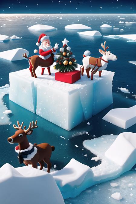 santa and the reindeer on a block of ice in the middle of the ocean, masterpiece, best quality, highly detailed, professional color grading, film grain, atmosphere, wondrous,  8k resolution, hyper realistic,