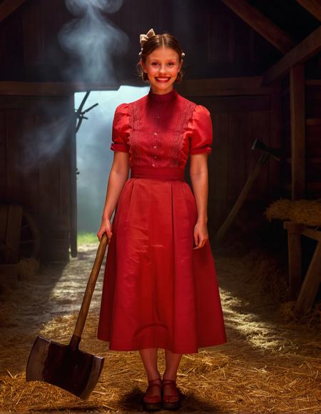 m1ag0th woman long brown hair blonde long hair hair bun hair bun tied with a bow, wearing a red dress with ruffled collar smiling holding an axe brown long wavy hair,wearing only overalls,blue eyeliner