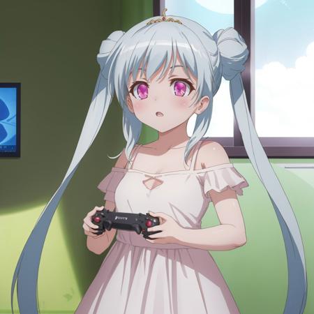 pina_sformkran_estor, pink dress, playing games, game controller,  twintails, purple eyes,  <lora:pina_sformkran_estor_v1:0.8>, masterpiece, best quality