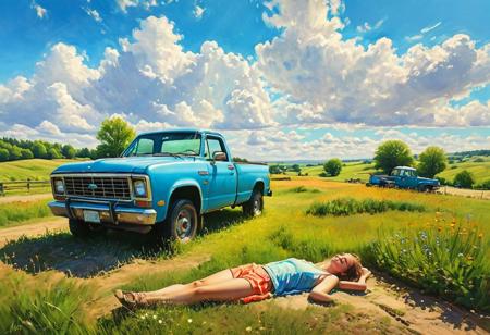 oil painting, pastel, colorful, landscape, 1car, blue pickup truck, grassy field, sunny day, fluffy clouds, clear sky, rural setting, peaceful and serene, person lying under truck, relaxed pose, vibrant colors, high contrast, scenic and picturesque, summer day, detailed environment, tranquil and idyllic, open countryside, casual and calm, light and shadow play, nature and vehicle