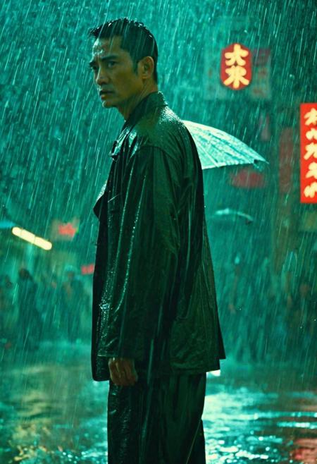 The texture of a Wong Kar Wai movie, a strong man standing in the rain, making fighting movements, the texture of a movie, Ultra High Definition, 4K, Outstanding, Detailed