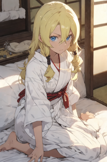 lashara_earth, blue eyes, blonde hair, long_hair, hair_ornament, hair_between_eyes, looking at viewer, 1girl, solo, white bath yukata, pillow fight, pillow, Japanese room, tatami, white futon, indoor,