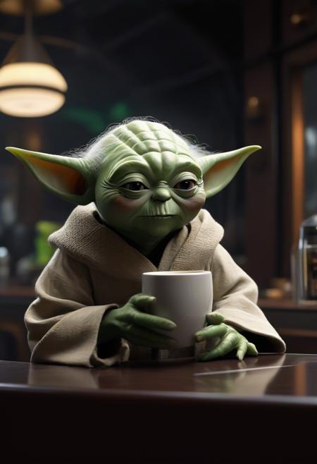 1 yoda sitting in a futuristic bar drinking 1 coffee, perfect hand, upper body shot
