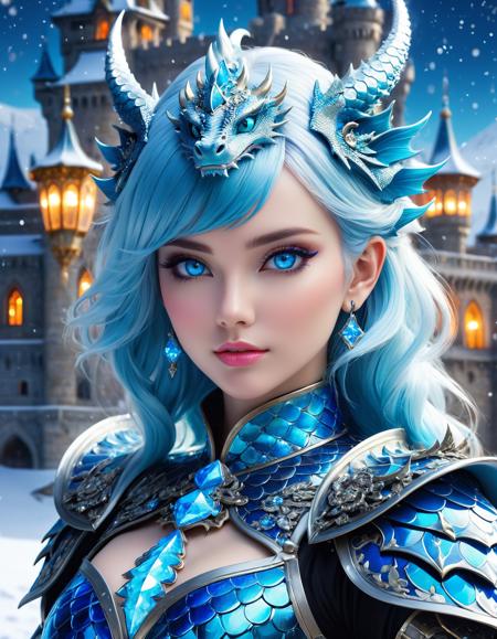 <lora:add-detail-xl:1> A professional photography of an elegant woman with shiny neon color hair, neon blue eyes, Rococo style blue dragon armor with antique patterns, fractal, ultra detailed clothes textures, crystal dragon scales, transparent glass, majestic castle on the hill, perfect snowing night, fantasy snow field, (makeup:1. 2), masterpiece, vibrant atmosphere, cinematic angle, Realistic photo, (official art, extreme detailed, highest detailed), RAW, DSLR, 32k UHD resolution, depth of filed, reflection lights, close up