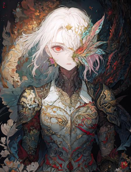woman flowers armor flower armor iridescent armor red infected face dark background colorful background iridescent hair