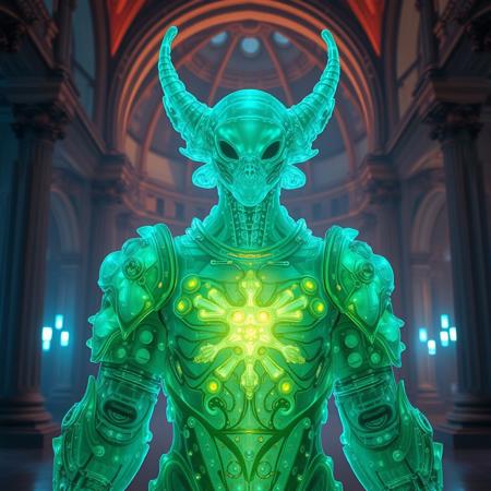 Masterpiece 5 protozoa/humanoid, bioluminescence translucent  body, with no ears and no nose, 32k, 16k, 8k, masterpiece, cinematic art, Kaiju bioluminescence translucent armor, standing inside a bioluminescence translucent cathedral,