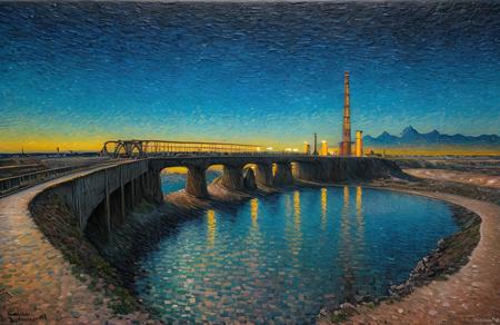 (impressionism:1.1), salt flat, Cliff/Bluff, industrialism, (Vincent Di Fate:0.8), rural, scenery,a painting,scene painting, ground,bridge,industrial pipe,scenery,night,water, <lora:å·¥ä¸è¸æ±½:0.2>,