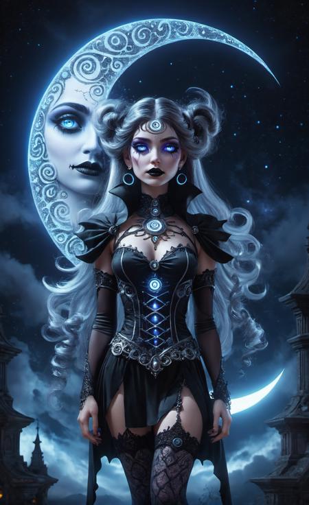 Gothic style (blacklight:1.1),1woman,fibonacci spiral,mystical lights,volumetric fog,beautiful perfect face,thigh-highs,gothic,detailed moon,light particles,night,starry sky,((8k, illustration, highest quality, best quality, masterpiece, ultra-detailed, finely detailed beautiful eyes, absurdres:1.1)),hyper-detailed,intricate,Dark,mysterious,haunting,dramatic,ornate,detailed,rim lighting,glow effects,godrays,Hand drawn,render,8k,octane render,cinema 4d,blender,dark,atmospheric 8k ultra detailed,cinematic,Sharp focus,big depth of field,Masterpiece,3d octane render,8k,concept art,trending on artstation,hyperrealistic,extremely detailed CG unity 8k wallpaper,trending on CGSociety,Intricate,High Detail,dramatic,