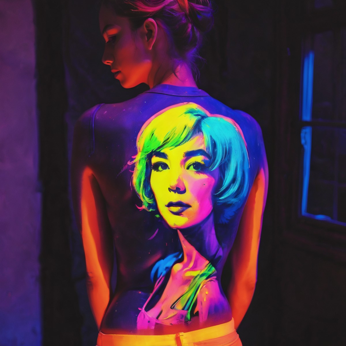 blacklight uv painted on the back of a girl depicting andy warhol art