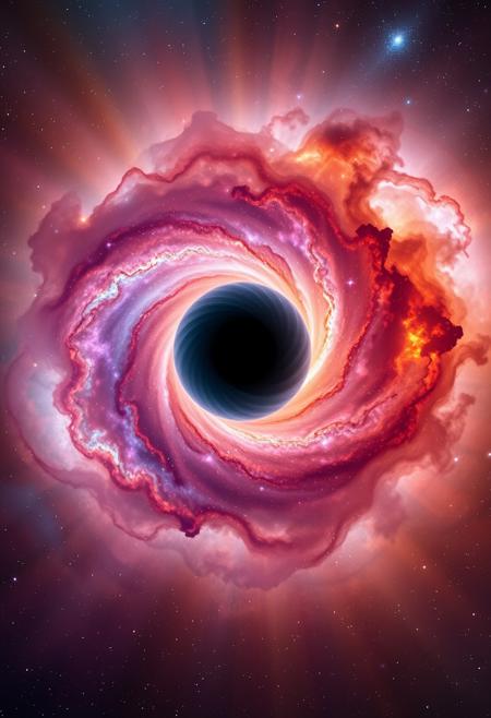 a front centered view of space nebula with beautiful colors, at the center lies a giant black hole spiral