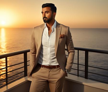 Nautical-themed (Photo:1.3) of (Ultrarealistic:1.3) <lora:Man_Men_FFashion:1> lowery david a man <lora:KL-Rahul_Lowery-David:1> in a tan suit standing on a balcony, sun behind him, inspired by Pablo Munoz Gomez, shot at golden hour, editorial photograph, midshot of a hunky, by Roman Bezpalkiv, by Artur Tarnowski, maxim sukharev, by Gabor Szikszai,Highly Detailed,(Mono Color:1.3) . Sea, ocean, ships, maritime, beach, marine life, highly detailed