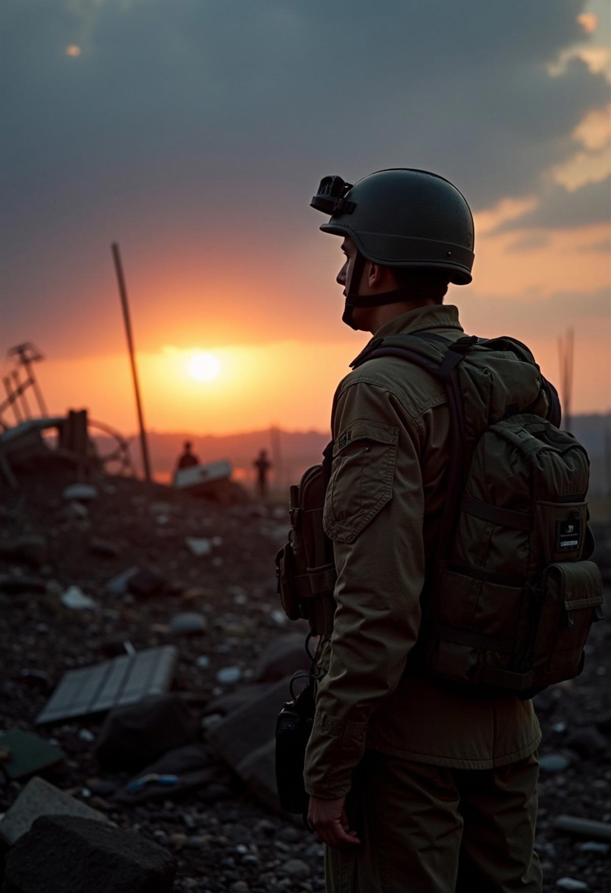 A weary soldier stands amidst the remnants of a battlefield, their silhouette framed by the first light of dawn. The soldier, wearing a tattered uniform and a helmet, gazes intently at the horizon where a brilliant sunrise breaks through the clouds. The battlefield, strewn with debris and abandoned equipment, is slowly being illuminated by the soft, golden light. In the distance, the promise of a new day is reflected in the soldier's eyes, offering a sense of peace and hope. The sky transitions from deep blues and purples to warm oranges and pinks, symbolizing a fresh start and the end of darkness.