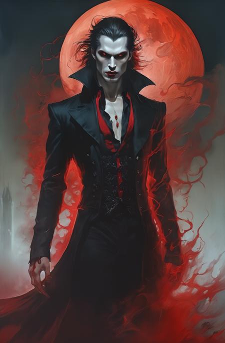 vampire, red, glowing eyes, mist, exploding moon in background, style of Karol Bak, style of Clint Cearley,  <lora:add_detail:1>