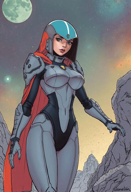 Moebius, French comic art, sci-fi anime, female superhero, space fantasy, cosmic design, futuristic armor, dreamlike atmosphere, intergalactic warrior, clean and elegant character design