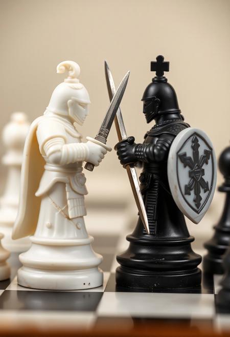 black knight versus white knight, Anthropomorphic chess pieces engaging in sword fight, Macro photography of medieval carved chess pawns on a chess board fighting with swords and shields, white marble against black jade