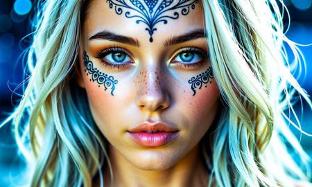 cinematic still Create a close-up image of a fantasy maidens face. Her skin glows with a soft, ethereal light and is adorned with neon tattoos that cover her face in intricate patterns. The tattoos emit a magical glow that illuminates her delicate features. Her eyes are large and bright, subtly changing between shades of blue and white, as if holding an ocean within them. Her long, silver hair frames her face, adding a splash of magic to the scene. The background features a starry sky that enhances the dreamy atmosphere, fantasy art . emotional, harmonious, vignette, 4k epic detailed, shot on kodak, 35mm photo, sharp focus, high budget, cinemascope, moody, epic, gorgeous, film grain, grainy, Create a close-up image of a fantasy maidens face. Her skin glows with a soft, ethereal light and is adorned with neon tattoos that cover her face in intricate patterns. The tattoos emit a magical glow that illuminates her delicate features. Her eyes are large and bright, subtly changing between shades of blue and white, as if holding an ocean within them. Her long, silver hair frames her face, adding a splash of magic to the scene. The background features a starry sky that enhances the dreamy atmosphere, fantasy art, ambient aesthetic, cozy, highly detailed, cinematic, extremely complex, color, depicted full detail, rich vibrant colors, epic surreal, majestic, very inspirational, inspiring, beautiful dynamic dramatic perfect artistic