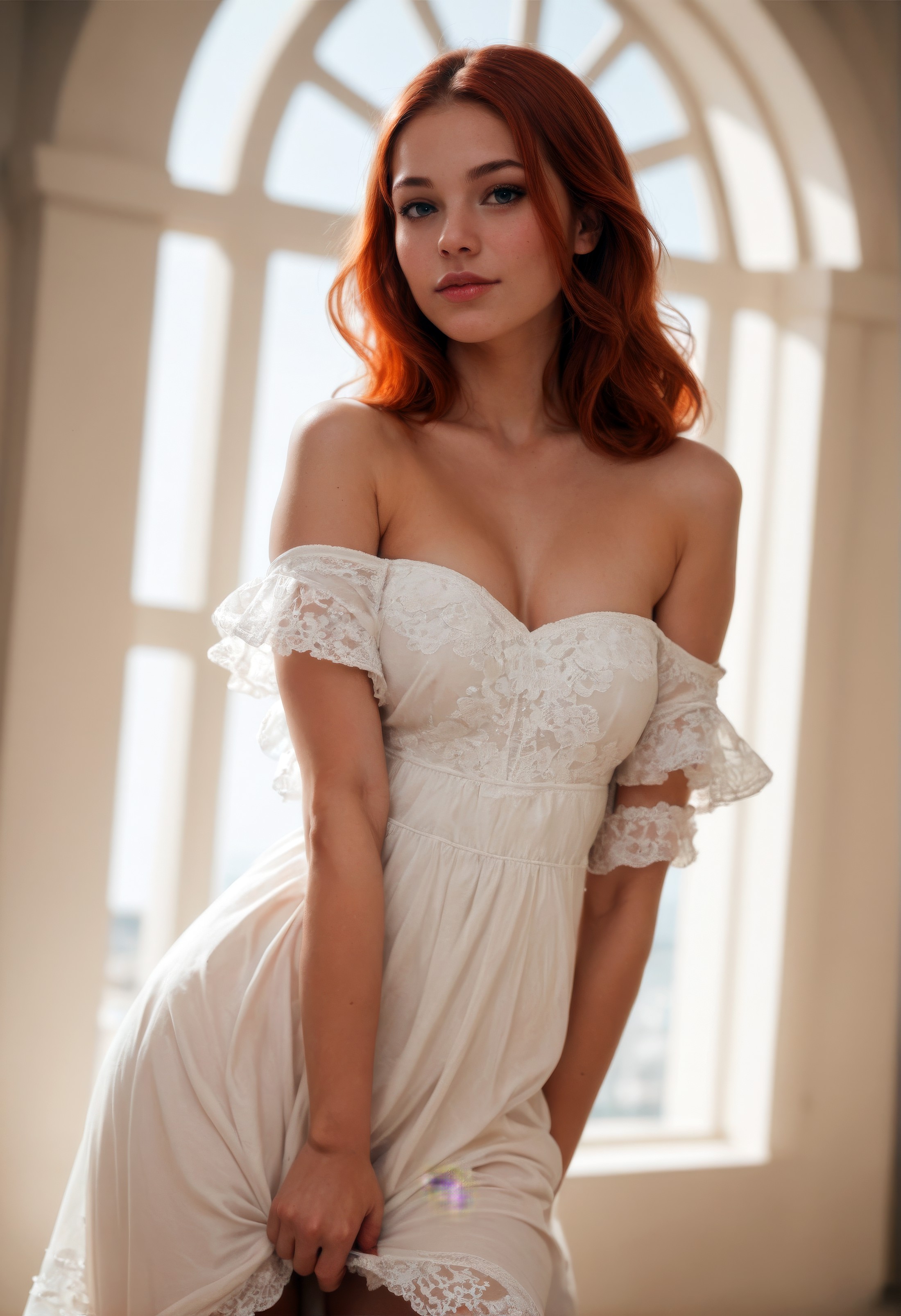 score_9,score_8_up,score_7_up,realistic photography,beautiful redhead girl,off shoulder paillette dress,cinematic lighting...